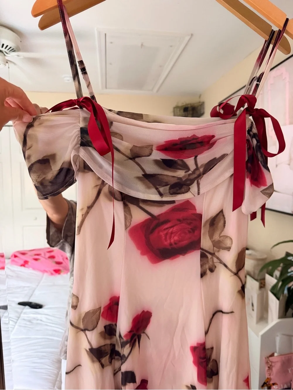 Kimchi Blue Off-Shoulder White Mini Dress with Red Rose Print and Ribbon Straps